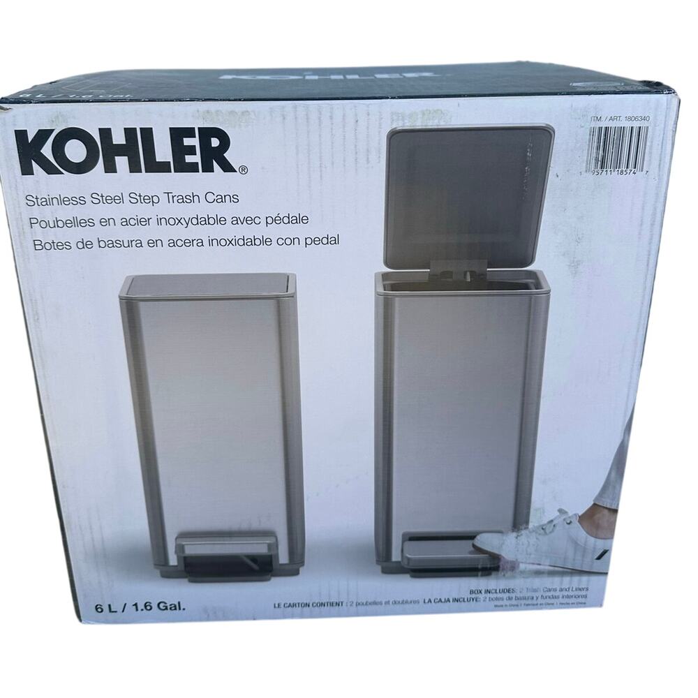 KOHLER Stainless Steel Step Trash bin Cans 6L 1.6 L 2 pk finger print resistant